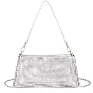 Women Silver Shoulder Imported Bling Rhinestone Evening Cocktail Chain Clutch